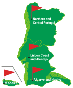 Golf Courses in Portugal and Huelva in Spain - Regions map